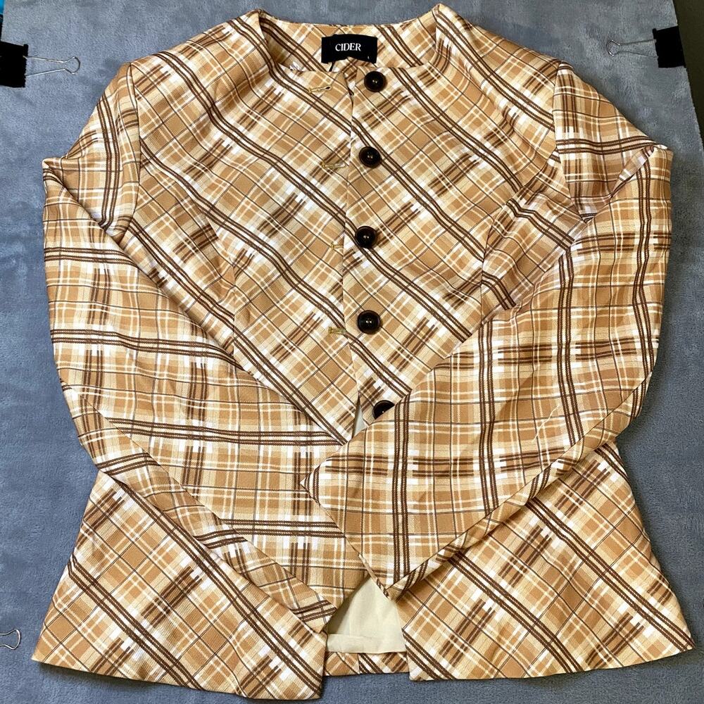 Cider Blazer Jacket Womens L Tan Plaid Poly Tailored Dark Academia NWT